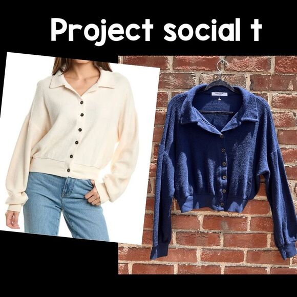 Project Social T Women Fleece Button Front Crop Collared Sweater Blue Small NEW - Picture 1 of 6